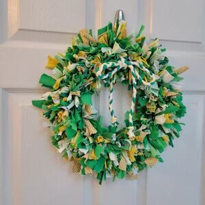 Handcrafted Upcycled Small Spring Fabric Wreath Green, Yellow, White, 14"